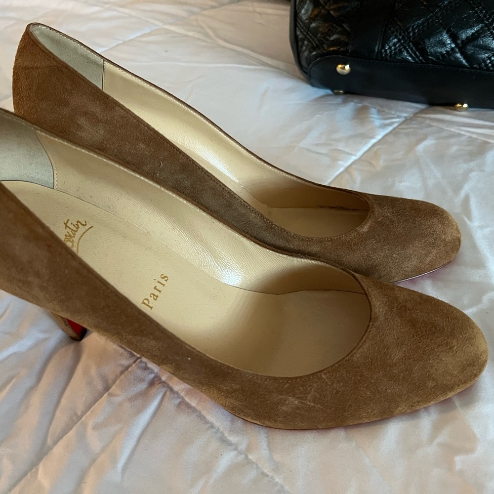 Christian Louboutin Tan Suede Round-Toe Pumps